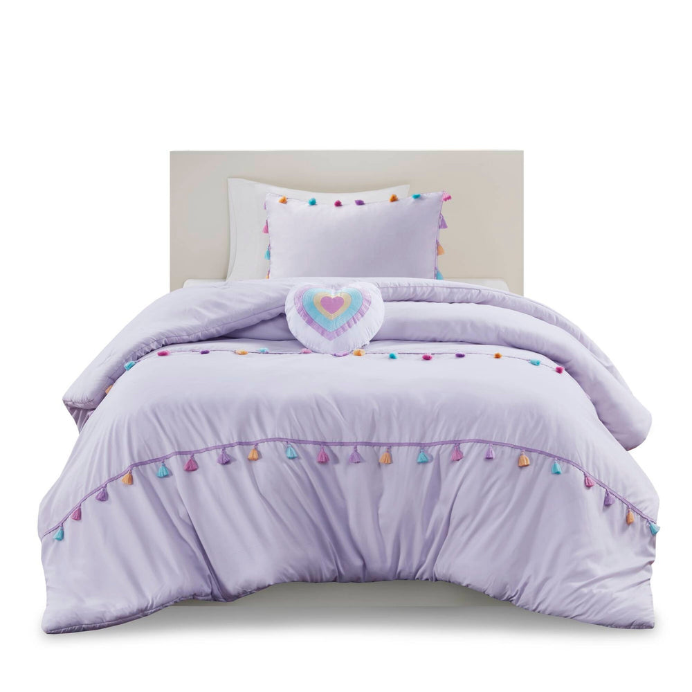 3 PCS Twin Tassel Comforter Set with Heart Shaped Throw Pillow Lavender Media 7
