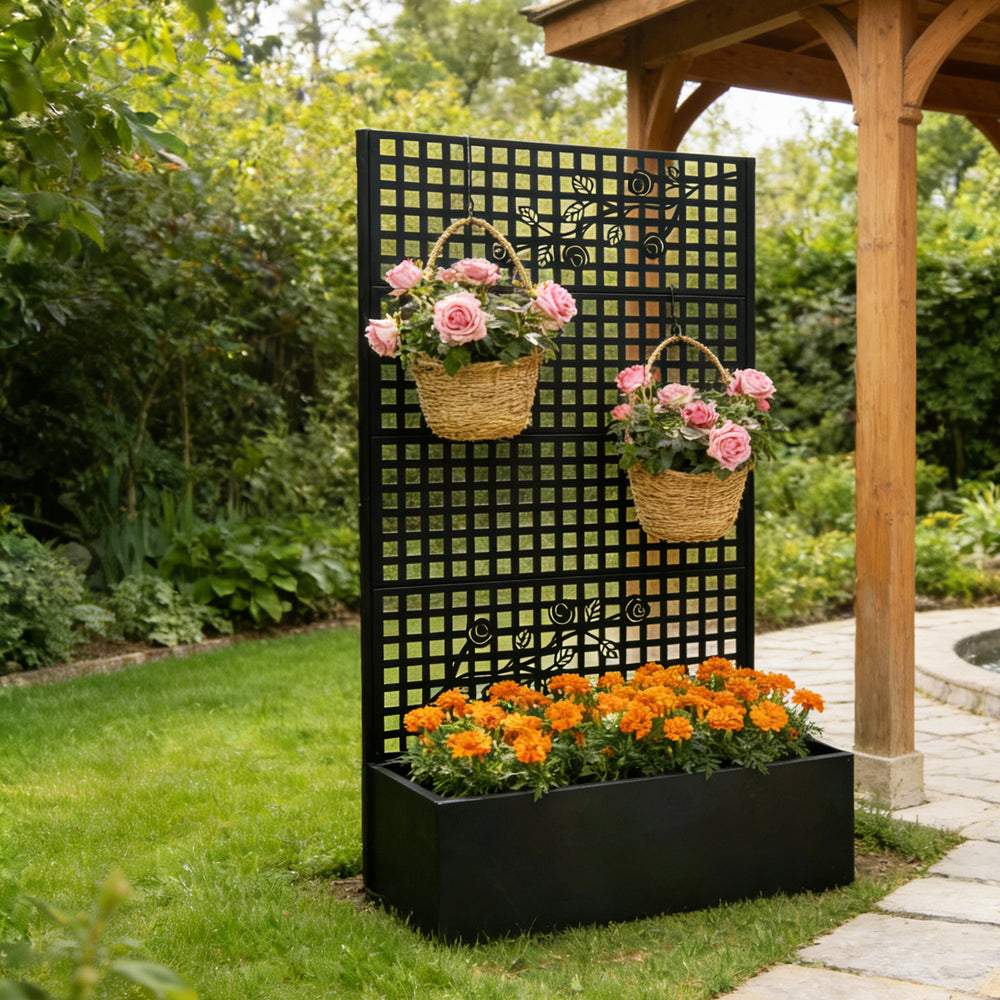 Metal Planter Box with Trellis 70.9in H x 43.3in W x 15.8in D - Outdoor Raised Garden Bed with Privacy Screen Lattice Panels for Patio Decoration for Backyard Patio Balcony, Rose Black Media 8