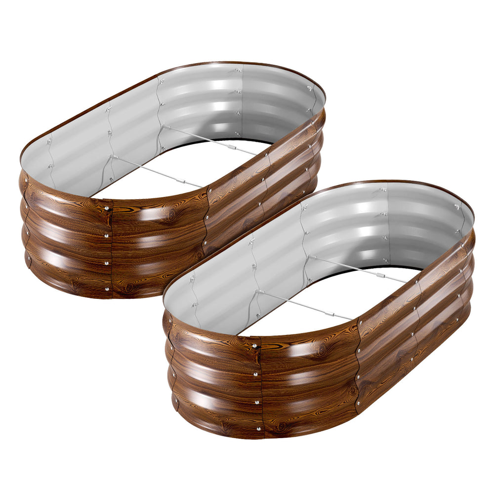2 Pack Galvanized Raised Garden Beds, 4 x 2 x 1 ft, Oval Metal Planter Boxes Kit Outdoor, Bottomless Elevated Garden Box with Gloves, Alu-Zinc, for Planting Flowers Vegetables, Deep Wood Grain Media 10