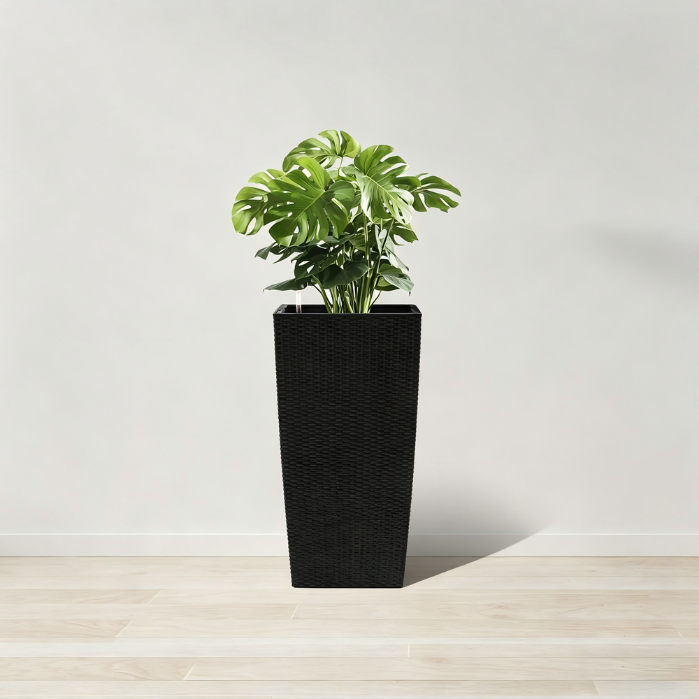 Black Faux Rattan Large Flower Pot with Self-Watering System, 30 in Tall Indoor Outdoor Planter Featuring Drainage Holes, Inner Tray & Water Level Monitor Media 2