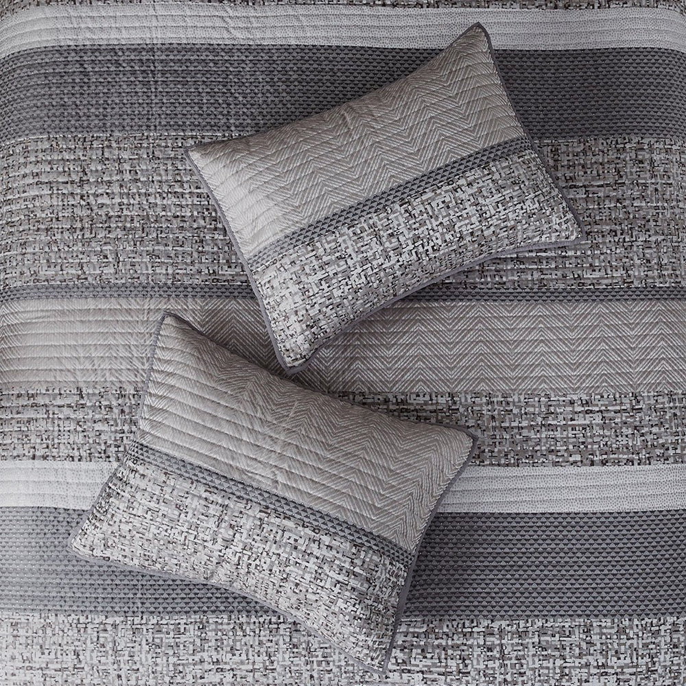 6 Piece Reversible Jacquard Quilt Set with Throw Pillows Grey/Taupe King/Cal King Media 4