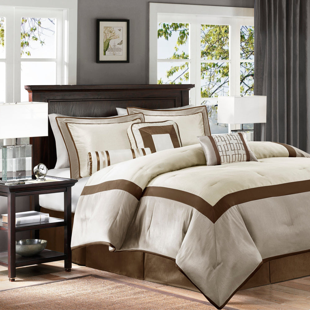 7 Piece Comforter Set Taupe/Brown Queen Media 1