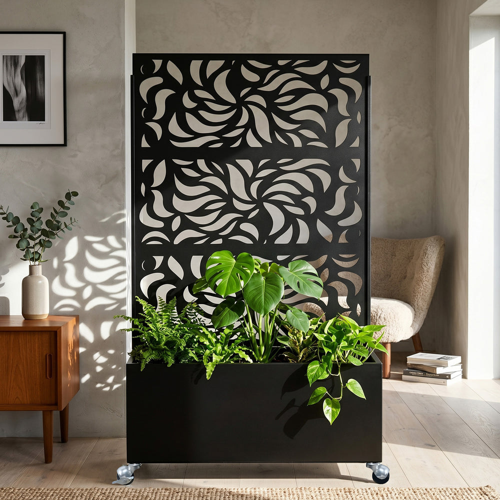 70.87' H × 46.06' W Leaf Pattern Privacy Screen with Planter Box, Black Metal Freestanding Decorative Fence Planter for Patio Balcony Backyard Media 5