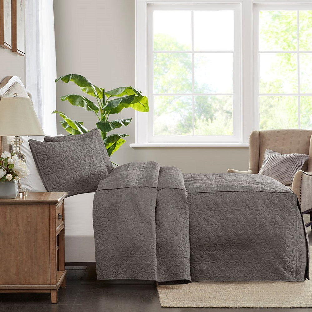3 Piece Split Corner Pleated Quilted Bedspread Dark Grey Queen Media 2