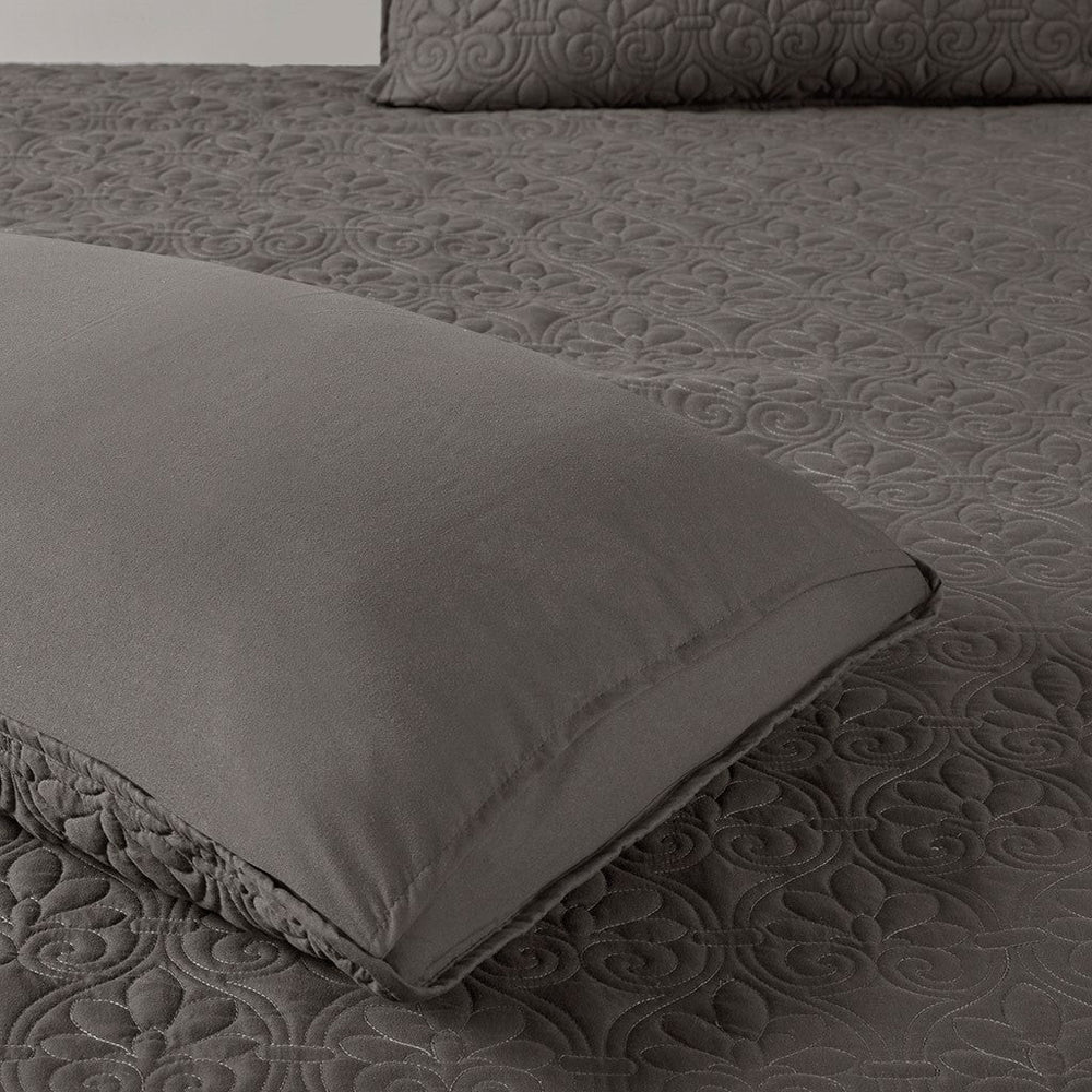 3 Piece Split Corner Pleated Quilted Bedspread Dark Grey Queen Media 10