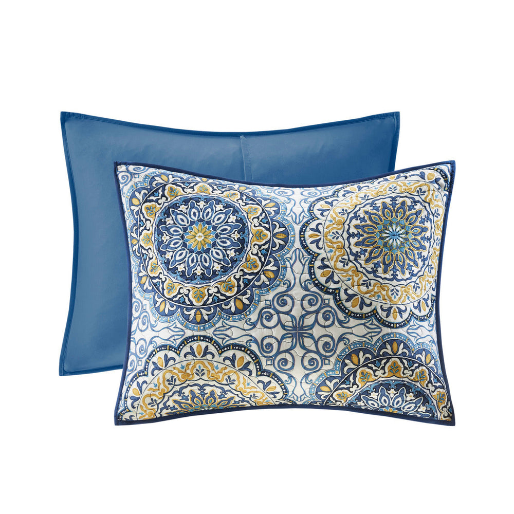 6 Piece Reversible Quilt Set with Throw Pillows Blue Full/Queen Media 10