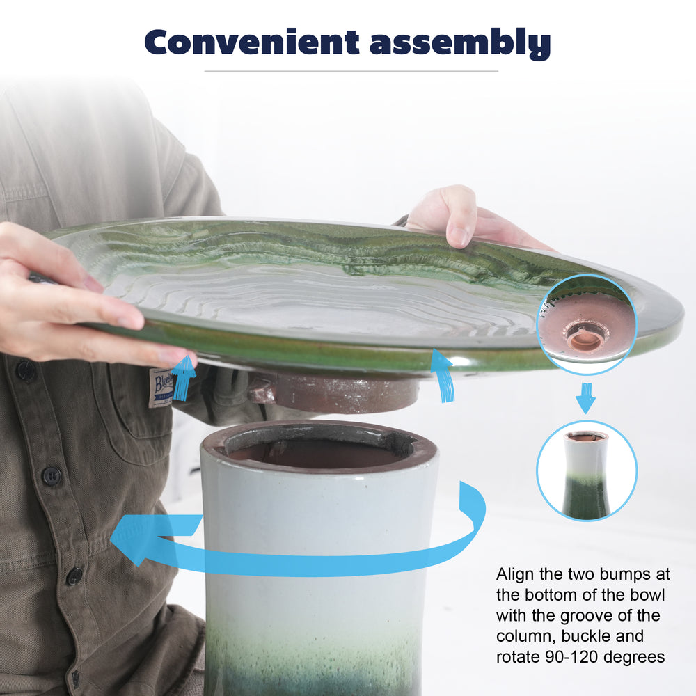 Handmade glazed ceramic bird bath, 17' concentric ripple embossed tray & 18' pedestal base, white to sage green ombre gradient glaze outdoor bird feeder for yard, lawn, patio & backyard Media 7