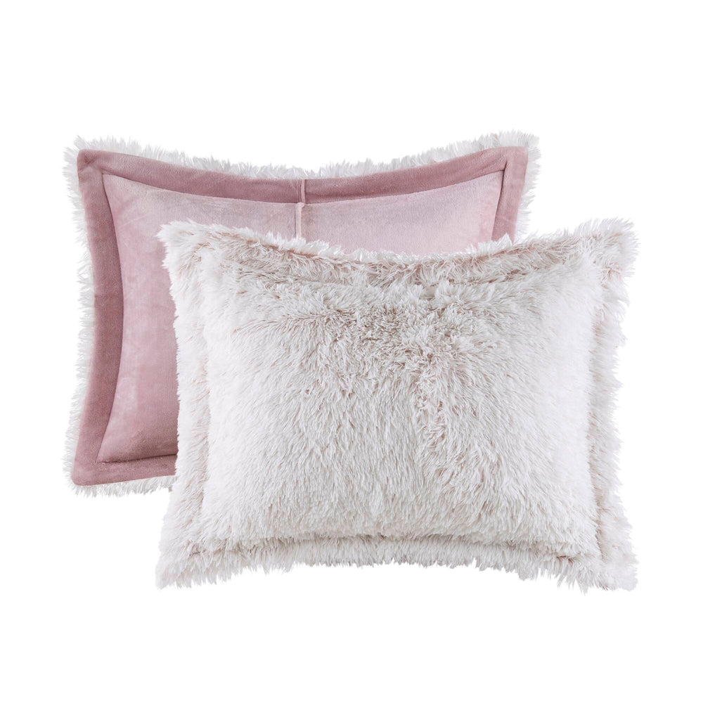 3 PCS King/Cal King Shaggy Faux Fur Comforter Mini Set Pink/White Media 14