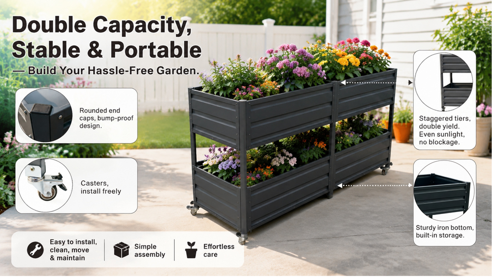 Dual Tier Elevated Metal Raised Garden Bed with Lockable Wheels, Staggered 2-Layer Raised Planter Box for Vegetables Herbs Flowers, Outdoor Patio Backyard Green Planting Bed,Grey Media 20