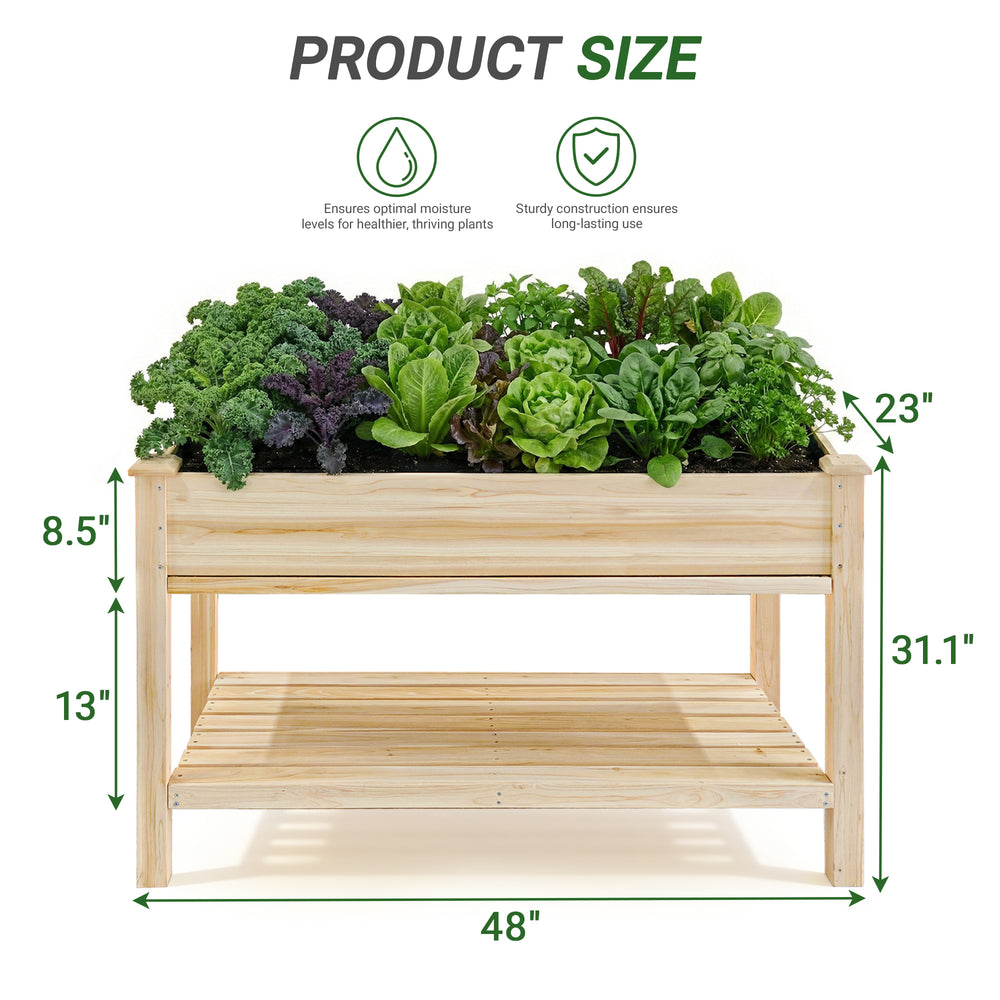 Raised Garden Bed 48x23x31.1-inch Elevated Wood Planter with Water Collection Tray, Storage Shelf, Protective Liner Media 8