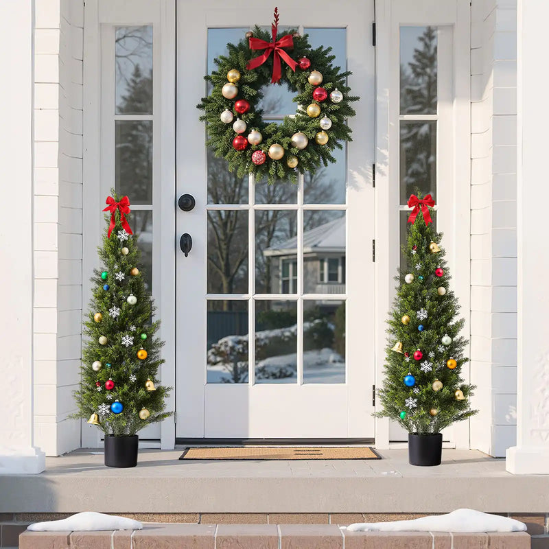 Artificial Topiary Cedar Trees, 48 inch 2 Set Faux Pine Shrubs Plants, Fake Silk Tree Look Real, Easy Assembly for Decor Front Porch Outdoor Patio Garden Balcony Backyard Indoor Office