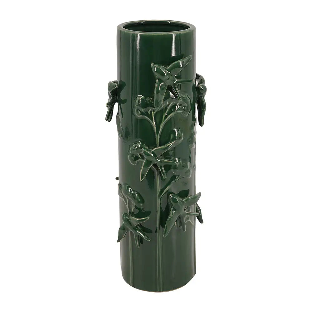 26929371 D5.7x14.8' Tall Green Ceramic Vase with Sculpted Birds and Vines Design     DTY Store Tall Green Ceramic Vase with Sculpted Birds and Vines Design     DTY Store