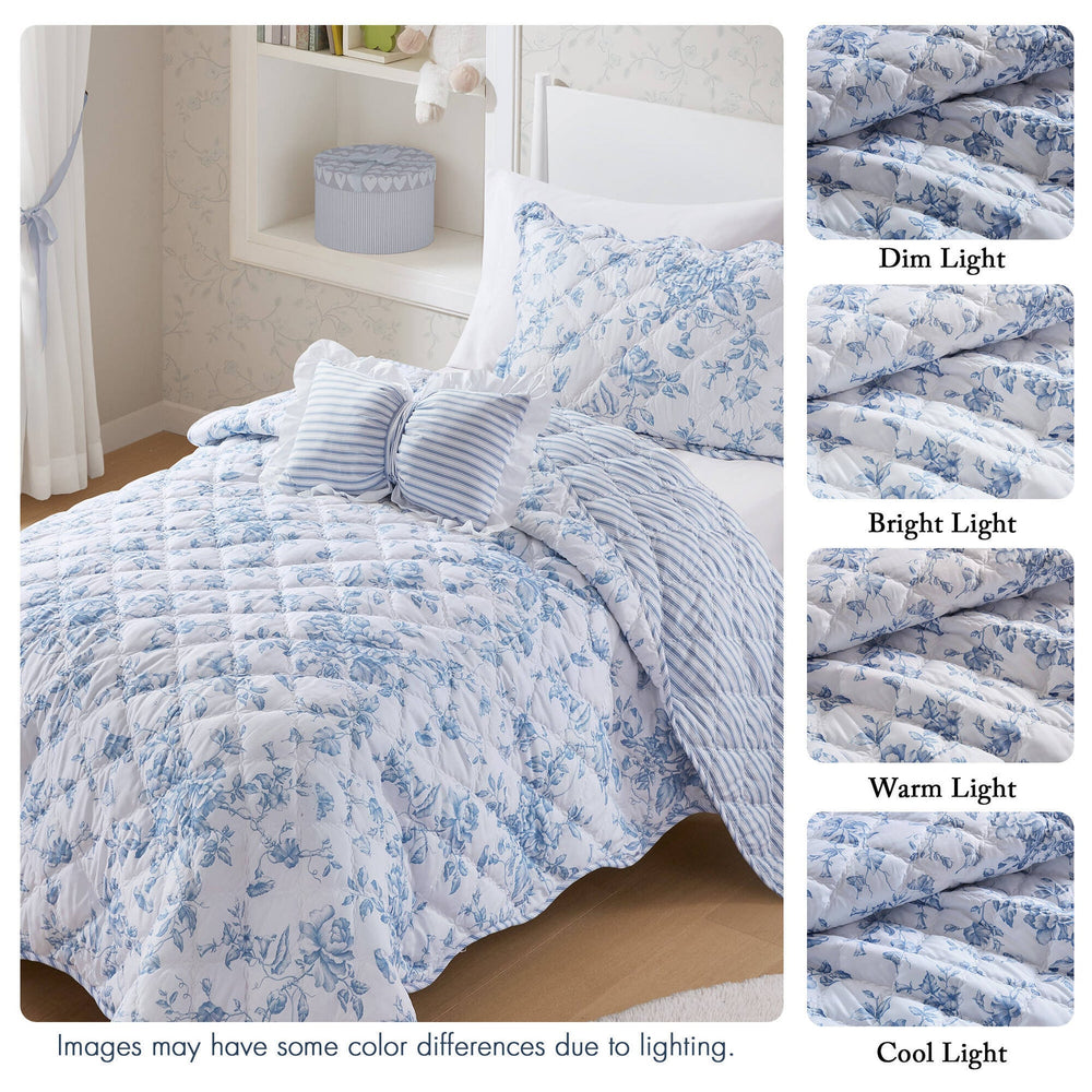 3 Pieces Twin/Twin XL Quilt Set with Decorative Pillow,Blue Media 4