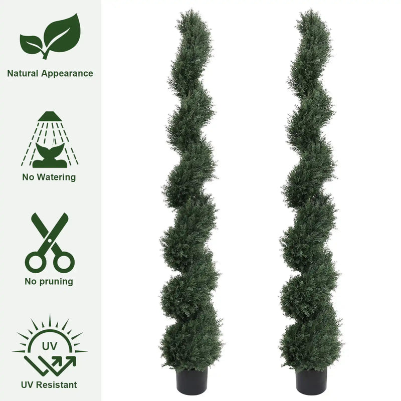 6FT single-color spiral-shaped potted cedar tree, a realistic artificial evergreen plant, suitable for decorating outdoor gardens, porches, patios, etc.; 2pcs/set