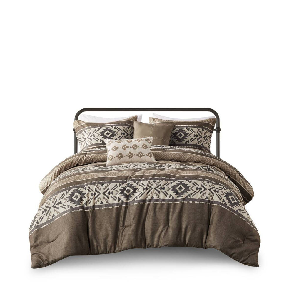 5 Piece Stripe Herringbone Comforter Set with Throw Pillows Brown King/Cal King Media 14