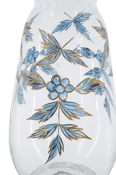 Round Clear Glass Vase with Blue and Gold Botanical Motifs perspective