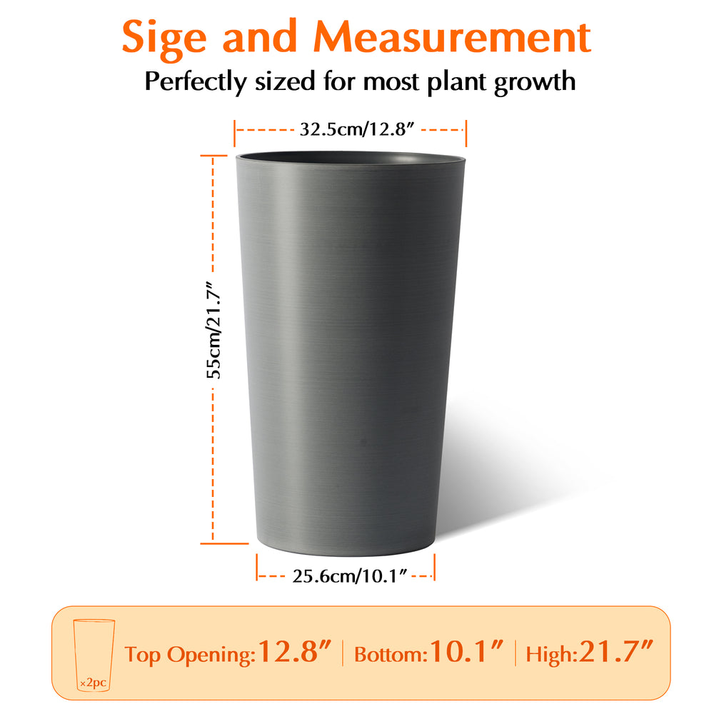2 Pack Tall 21.7 in Planters for Outdoor Plants Modern Tall Square Planter Box Indoor Outdoor Porch Patio Flower Pot Modern Big Tapered Matte Tree Flower Pot for Garden, (Grey) Media 3