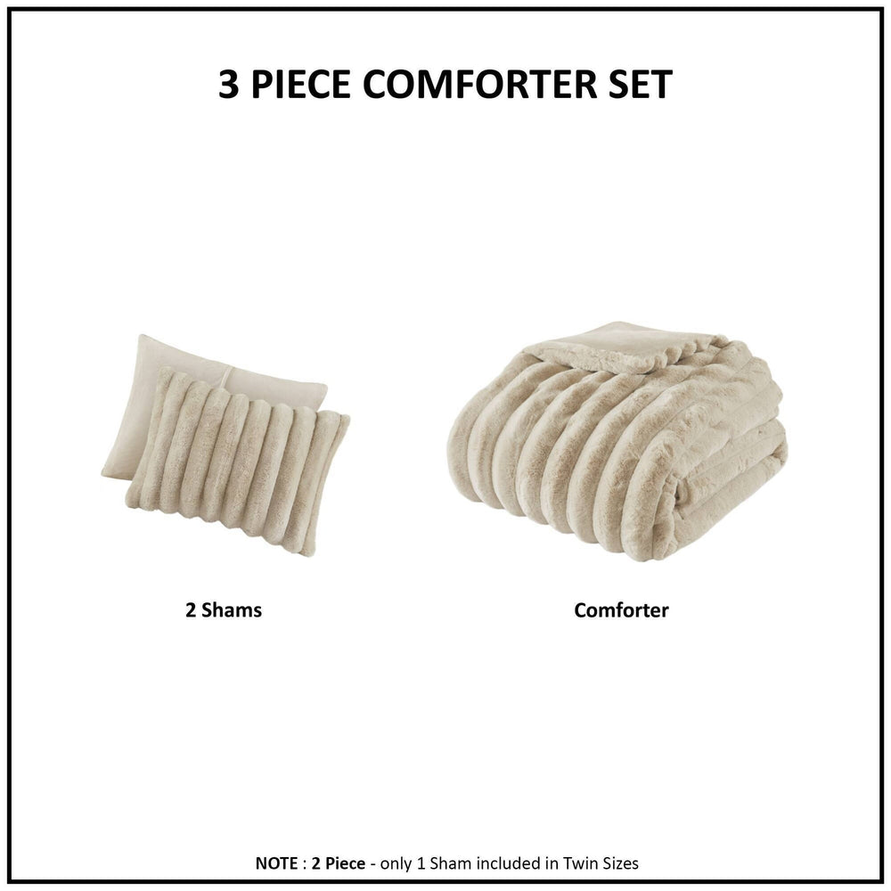 3 PCS King  soft Faux Fur Ribbed Comforter Set Taupe Media 8