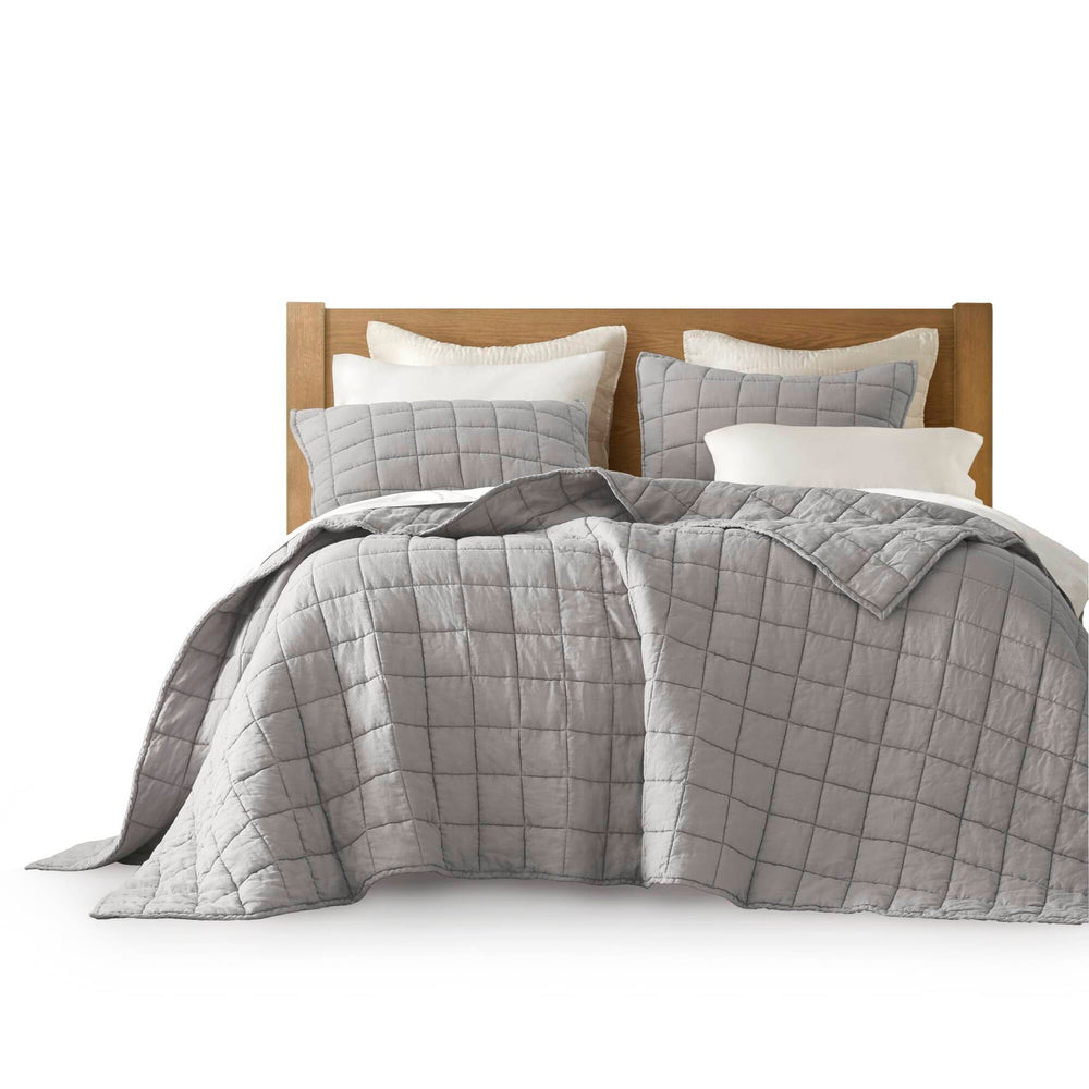 3-Piece Full/Queen Linen Garment Washed Quilt Set,Gray Media 9