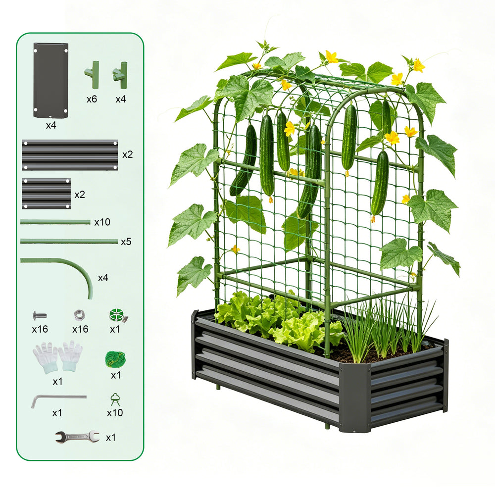 2-in-1 Raised Garden Bed with Trellis - 59' Tall Arch Planter Box for Climbing Plants, Outdoor Galvanized Metal Gardening Bed for Vegetables, Fruits, Flowers (Black, 4x2x1 Ft) Media 7