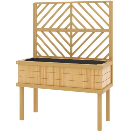 Self-Draining Raised Garden Bed,Elevated Wood Planter with Trellis for Climbing Plants,with Legs and Drainage Holes Media 2