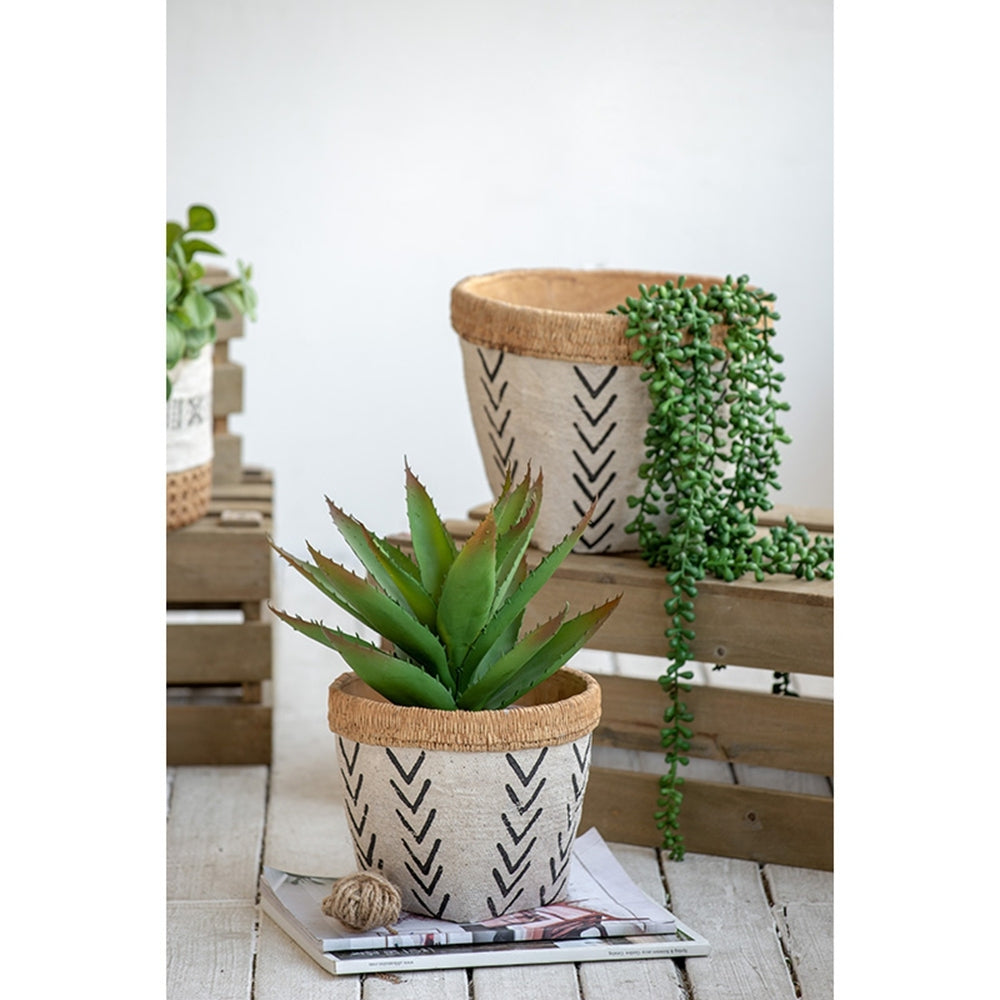 Set of 2 White and Brown Cement Planters with V Pattern, L:D10x8'  S:D8x6.5' Media 8
