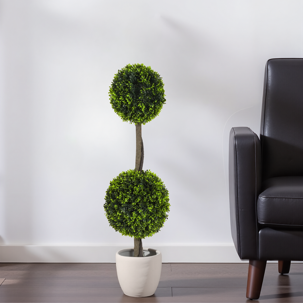 34' Artificial Topiary Boxwood Tree Double Ball with Black Plastic Pot, Set of 2 Media 3