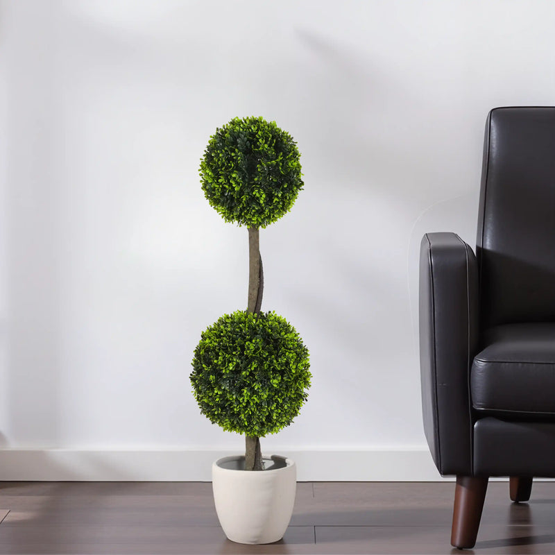 34' Artificial Topiary Boxwood Tree Double Ball with Black Plastic Pot, Set of 2