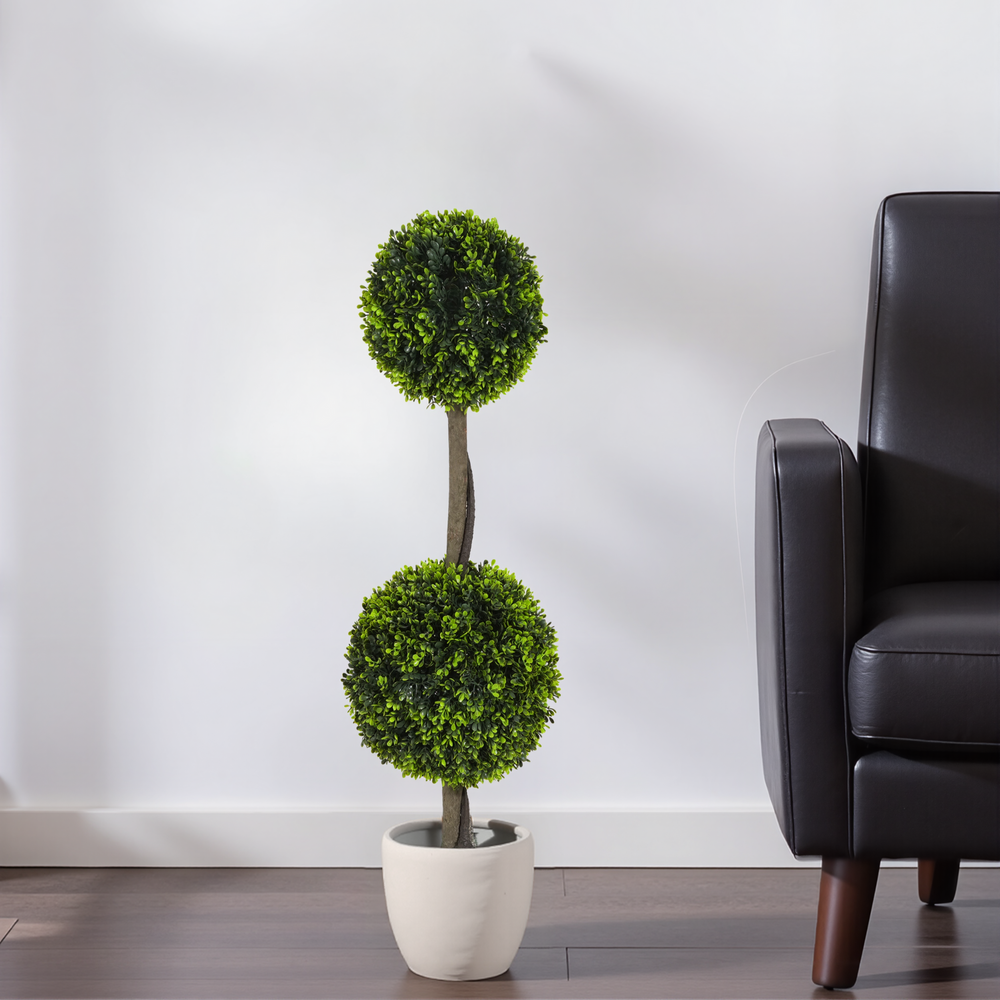 34' Artificial Topiary Boxwood Tree Double Ball with Black Plastic Pot, Set of 2 Media 3