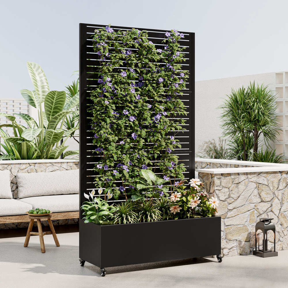 Metal Planter Box with Trellis, 73'x35'x16 Metal Raised Garden Bed with Trellis, Metal Planter Box with Drainage Holes & Lockable Wheels & Privacy Screen for Climbing Plants, Vegetables, Vines Media 3
