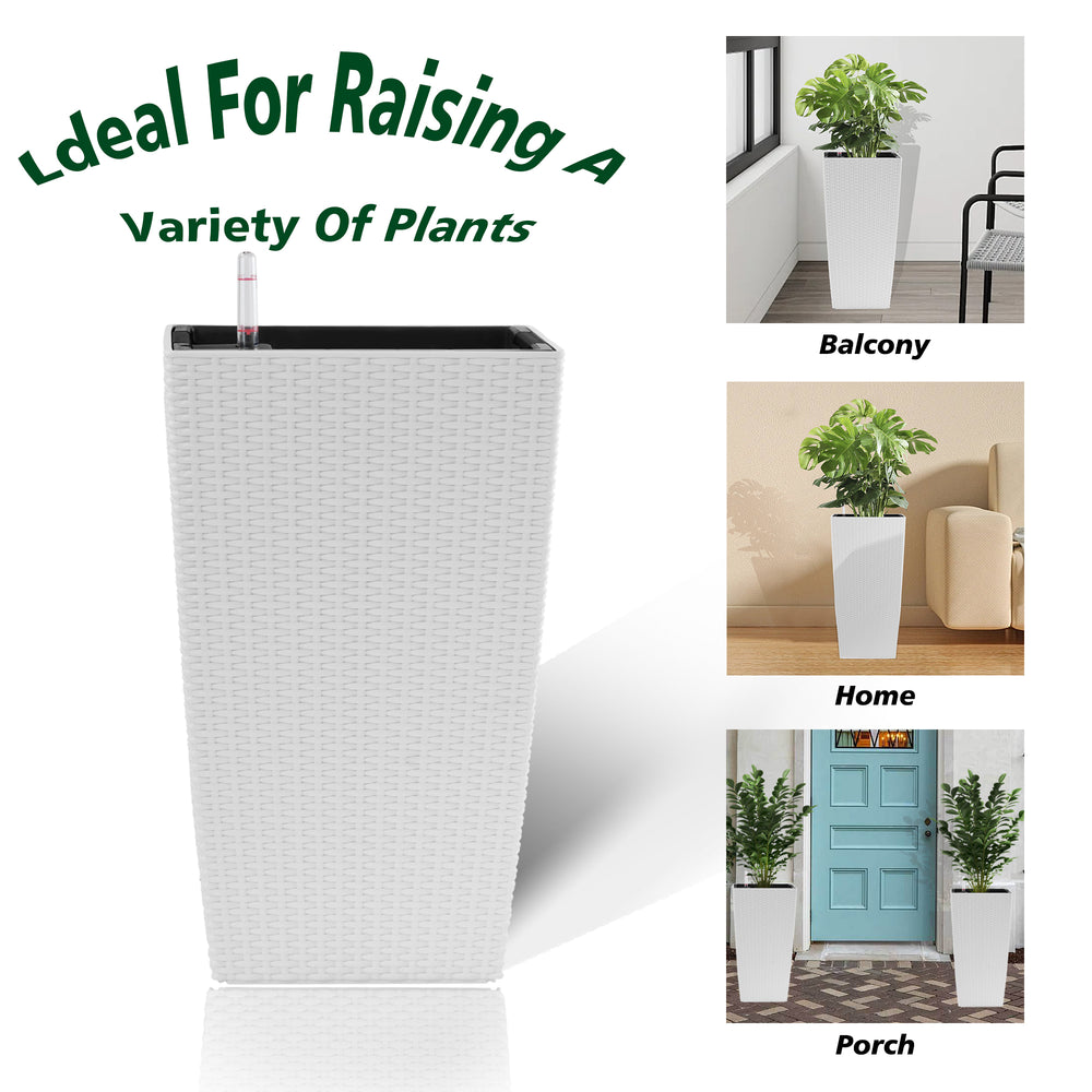 Indoor/Outdoor Modern Faux Rattan Design Square Planter, 22.6 inch White Plastic Large Planter with Automatic Watering System for Home and Garden (White, 22.6 inch - 2 Pack) Media 6