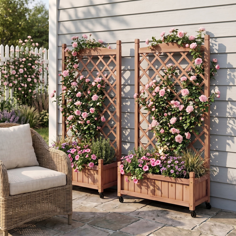 Natural Wood Raised Garden Bed with Trellis 2 Pack, Outdoor Planter Box & Plant Stand for Climbing Plants, Brown Solid Wood, 25L x 11W x 42.3H inches Media 4