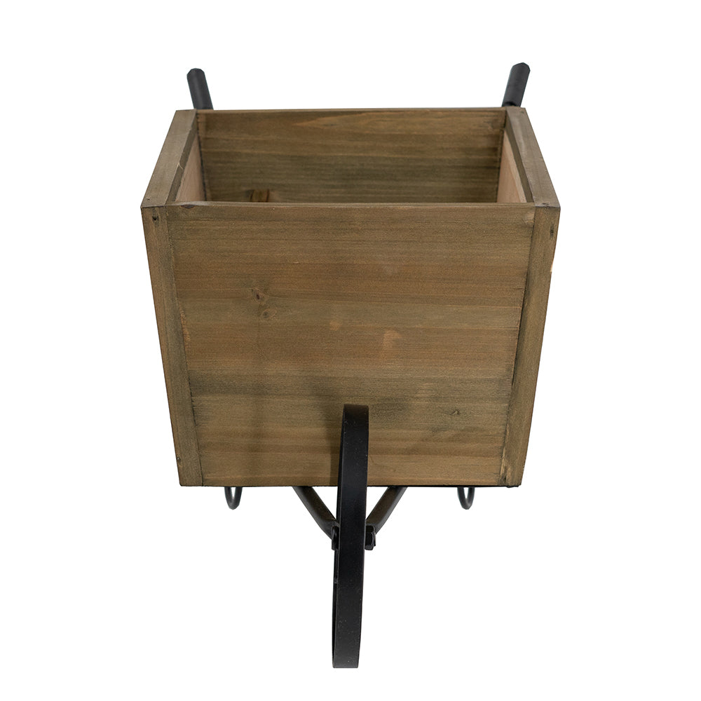 19.5x8x8.3' Brown Wooden Wheelbarrow Planter with Black Iron Frame Media 4