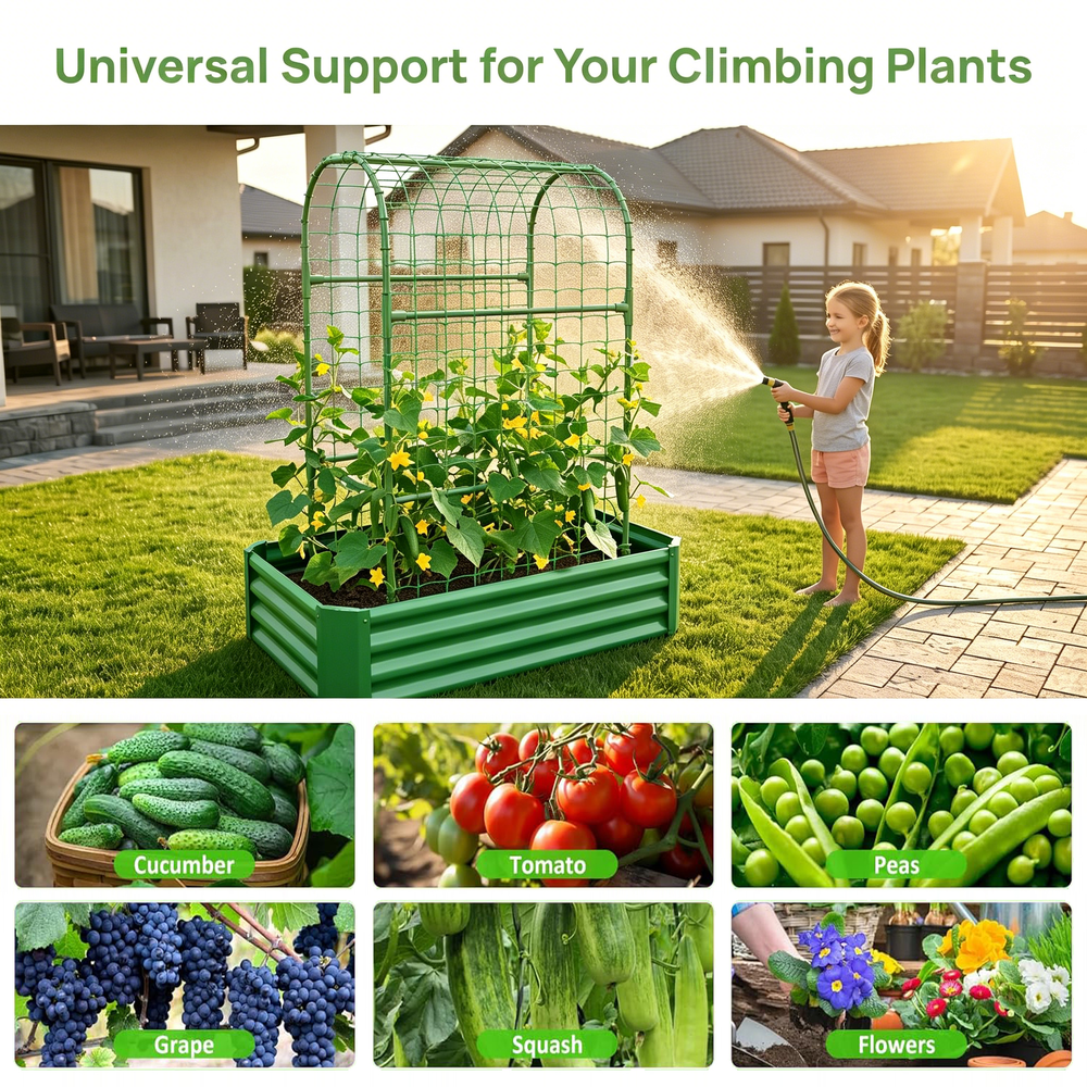 2-in-1 Raised Garden Bed with Trellis - 59' Tall Arch Planter Box for Climbing Plants, Outdoor Galvanized Metal Gardening Bed for Vegetables, Fruits, Flowers (Green, 4x2x1 Ft) Media 5