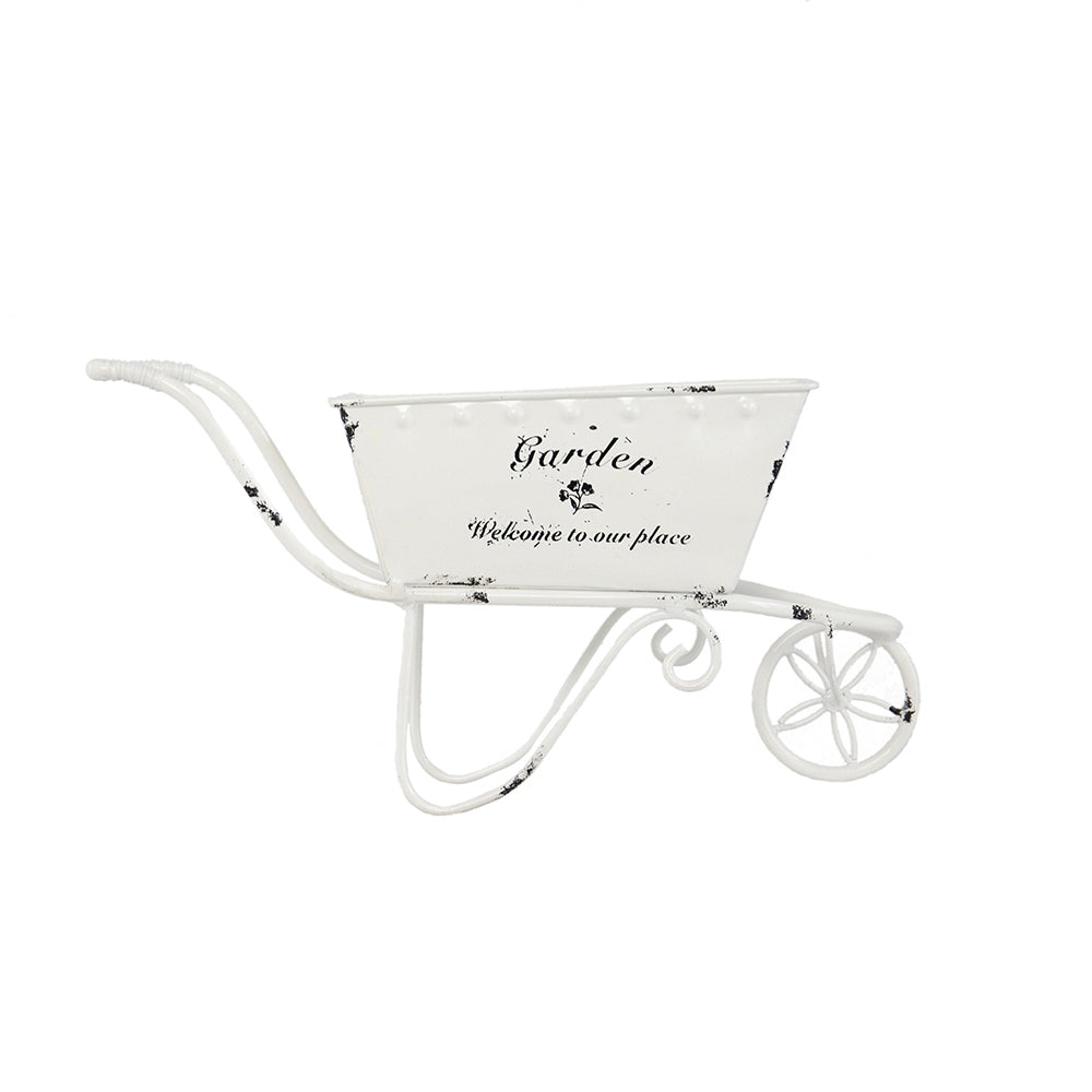 11.5x4x7' White Metal Decorative Disressed Wheelbarrow Planter, Tabletop Decor Media 2