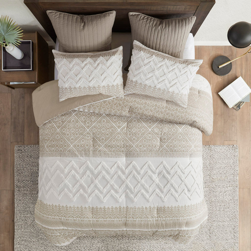 3 Piece Cotton Comforter Set with Chenille Tufting Taupe Full/Queen Media 10