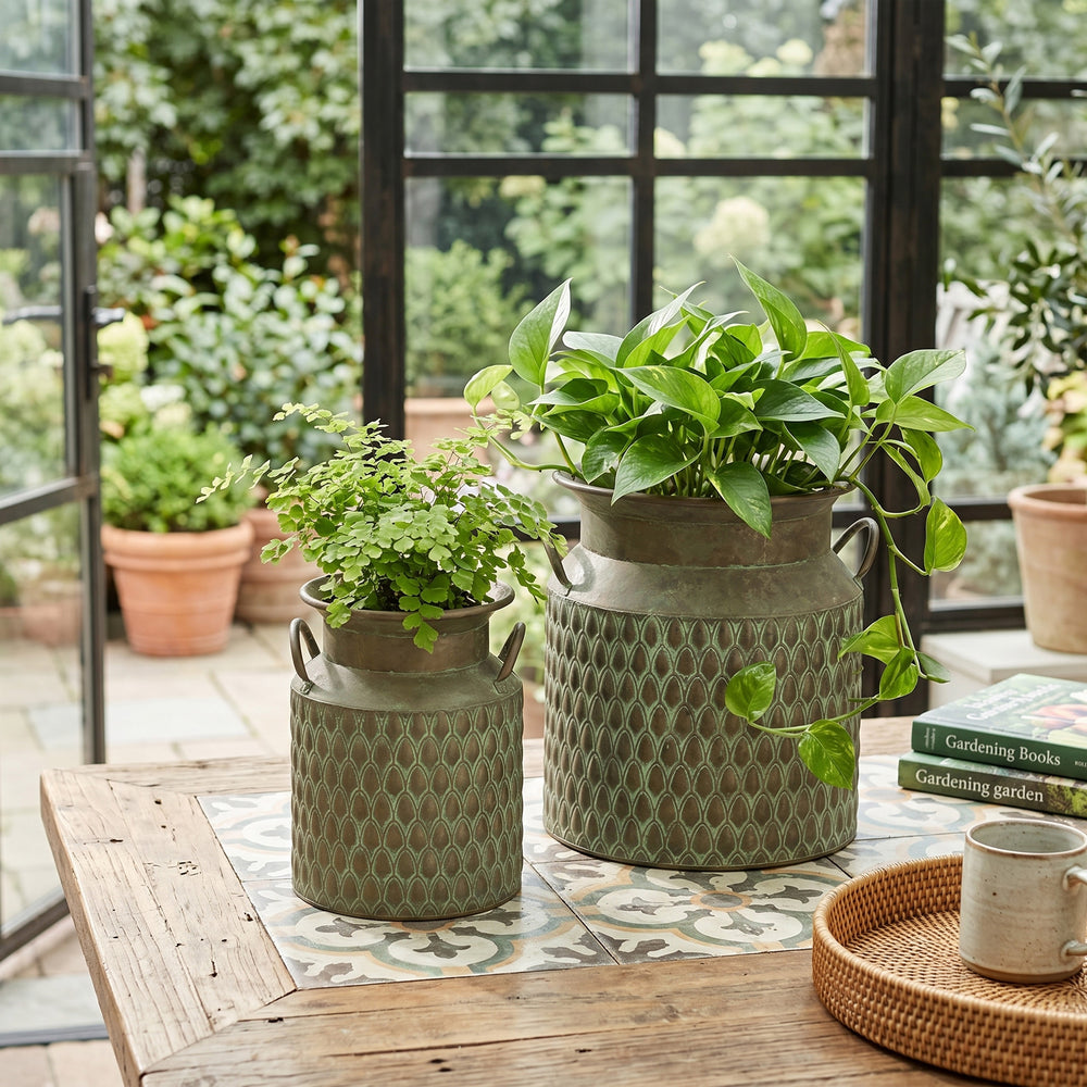 S/2 Iron Milk Jug Planters with Textured Green Finish Media 5