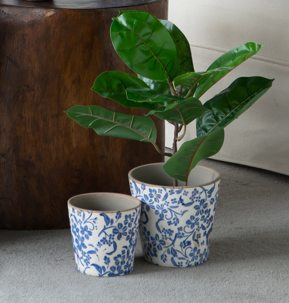 S/2 Blue and White Ceramic Planters with Floral Motif Media 2
