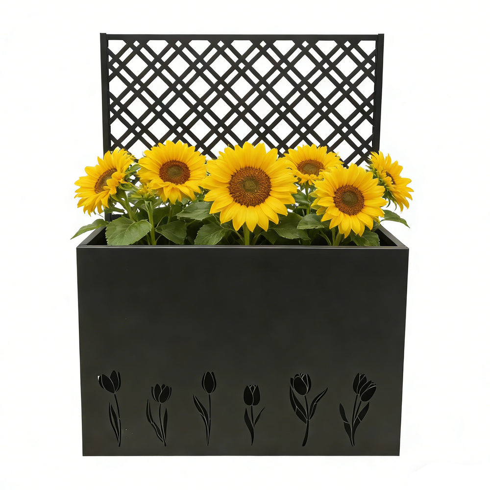 Tall Metal Planter Raised Garden Bed with Trellis 35.5in L x 11.9in W x 47.3in H - Large Flower Box Privacy Screen for Porch, Patio, Garden, Commercial Décor, Tulip Black Media 2