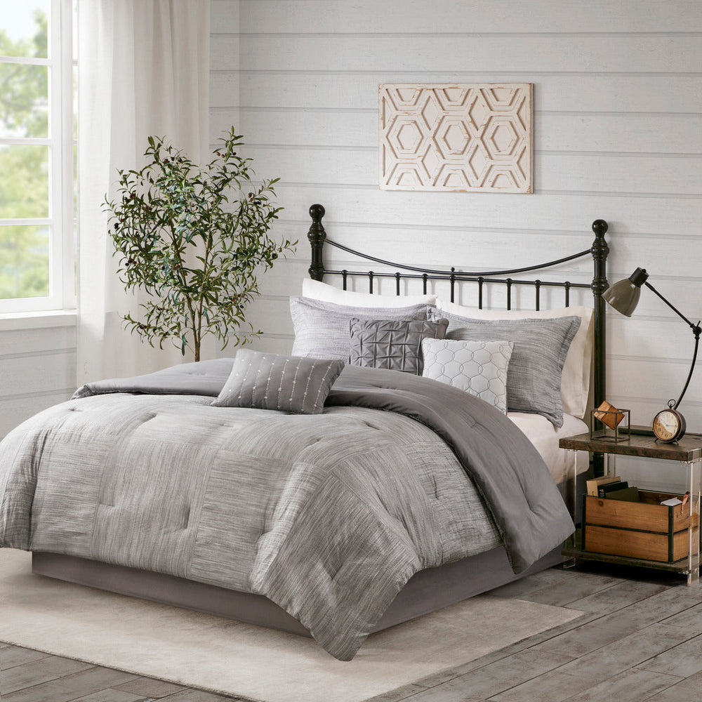 7 Piece Printed Seersucker Comforter Set Grey Queen Media 1