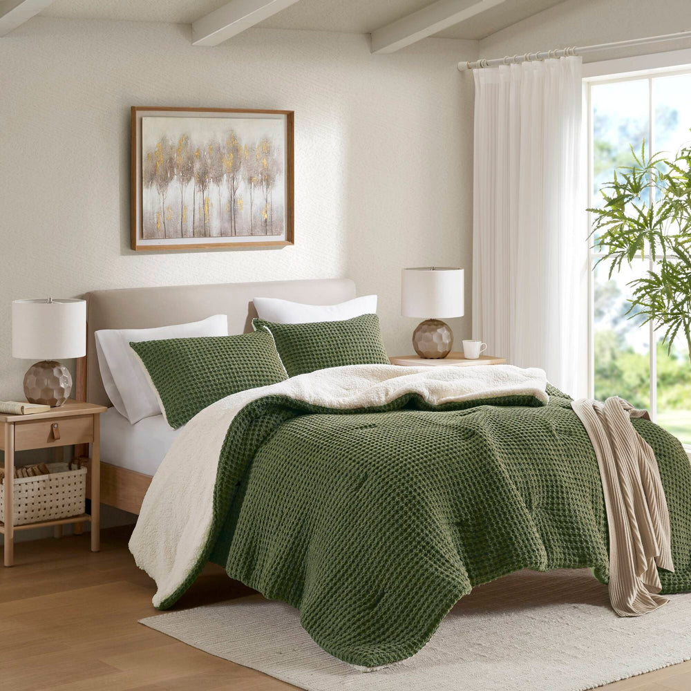 2 Pieces Twin Waffle Knit Chenille Comforter Set,Olive Media 2