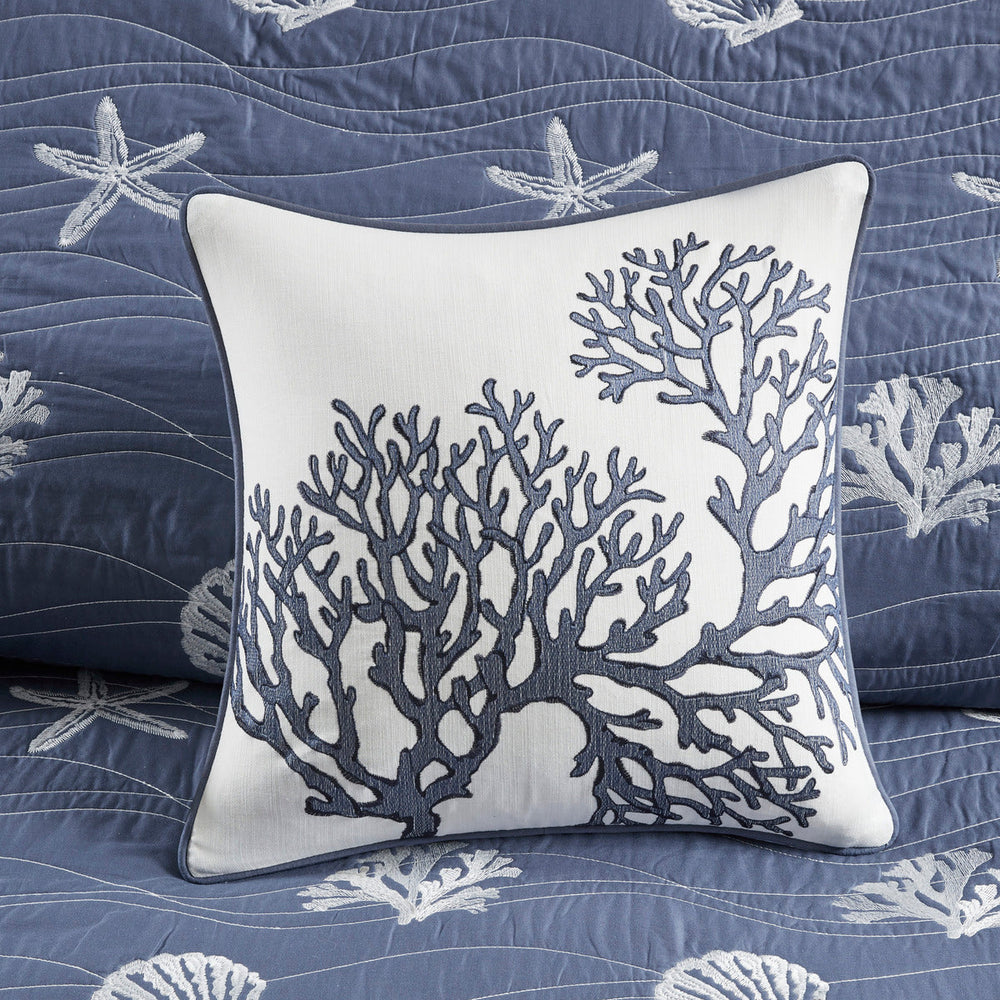 4 Piece Cotton Reversible Embroidered Quilt Set with Throw Pillow Navy Full/Queen Media 14