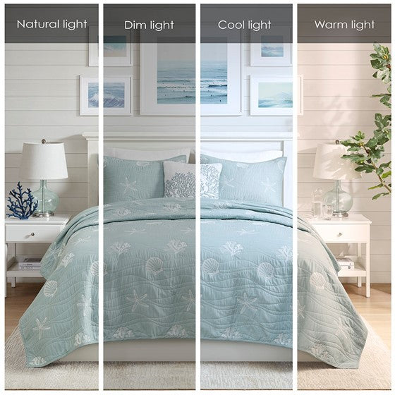 4 Piece Cotton Reversible Embroidered Quilt Set with Throw Pillow Aqua King/Cal King Media 16