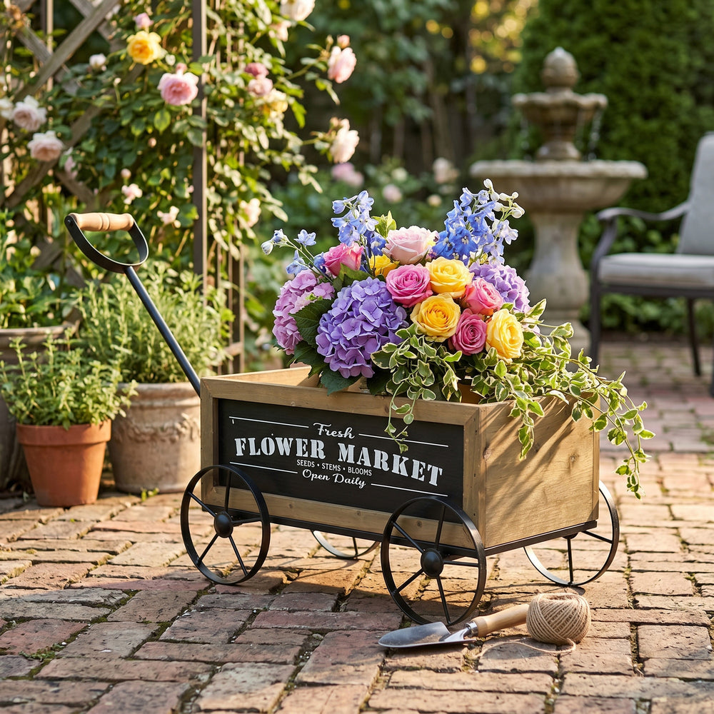 16.5x9.5x8' Rustic Wooden Wagon Planter with Black Iron Wheels and Handle Media 1