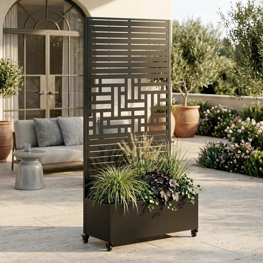 Metal Planter Box with Trellis, 73'x35'x16 Metal Raised Garden Bed with Trellis, Metal Planter Box with Drainage Holes & Lockable Wheels & Privacy Screen for Climbing Plants, Vegetables, Vines Media 1
