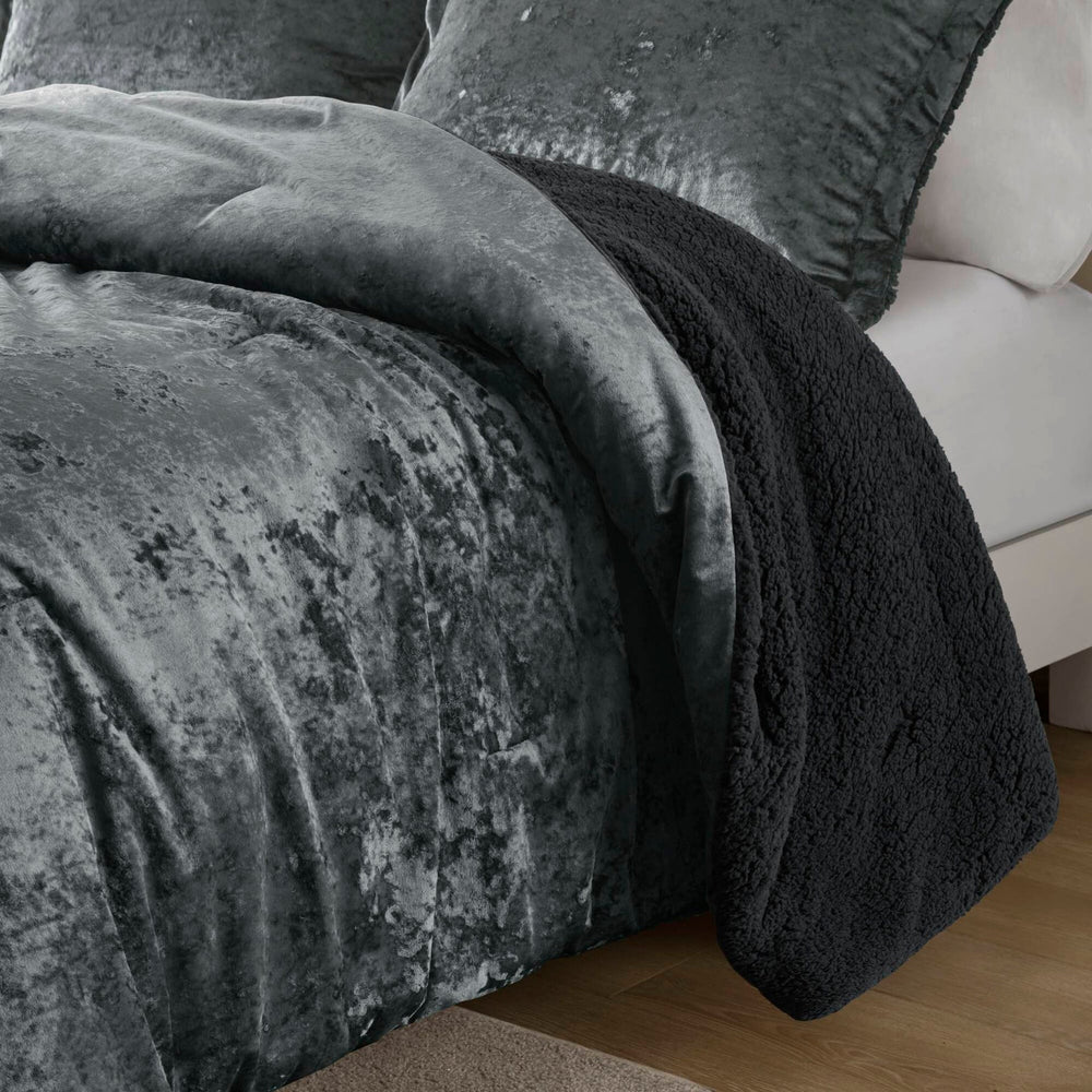 3 PCS Full/Queen Crushed Velvet   Reversible Comforter Set Charcoal Media 8
