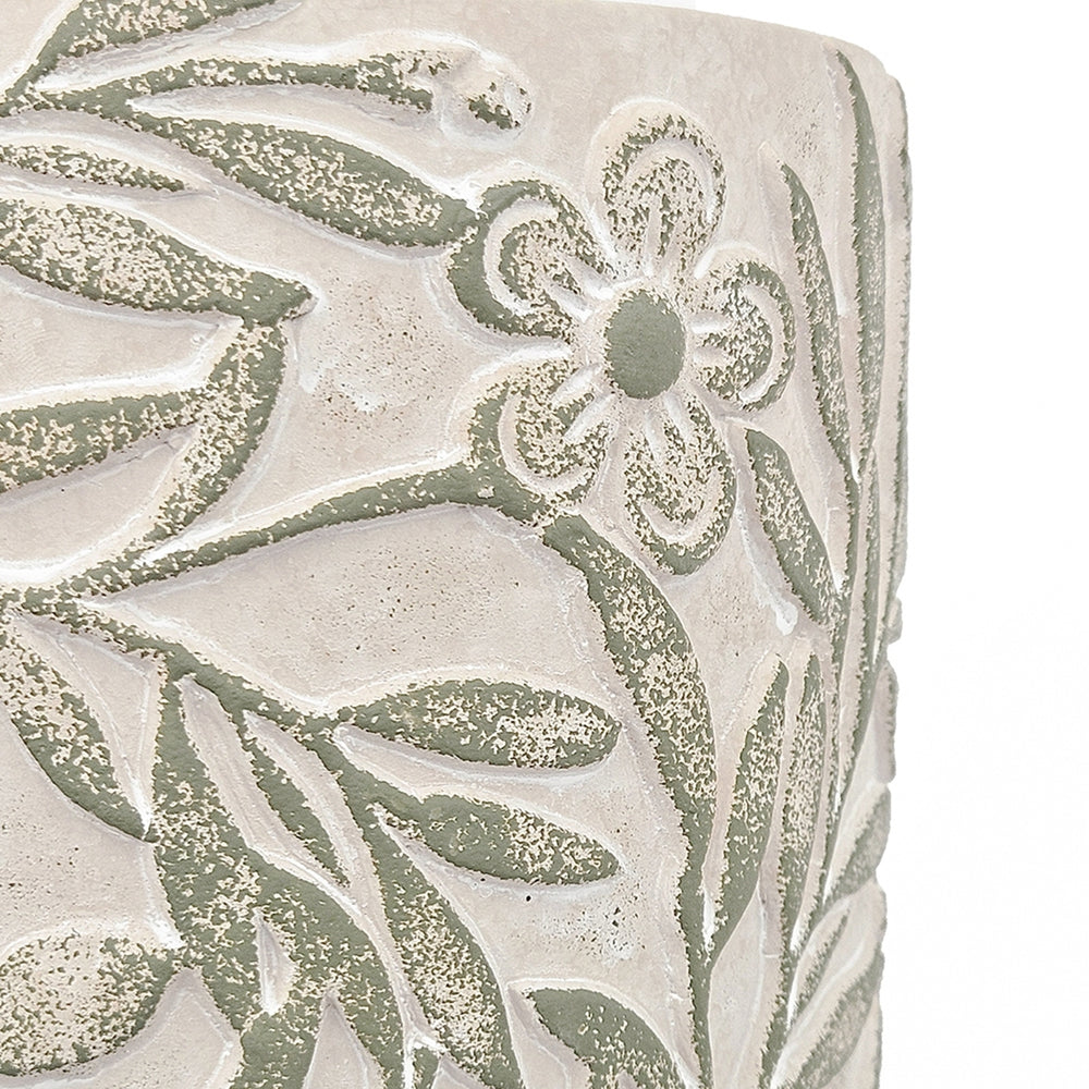 S/2 Gray Sand and Cement Planters with Etched Green Floral Motif, L:D6.7x6.3' S:D5.5x5' Media 9