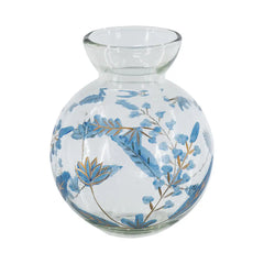 Round Clear Glass Vase with Blue and Gold Botanical Motifs perspective