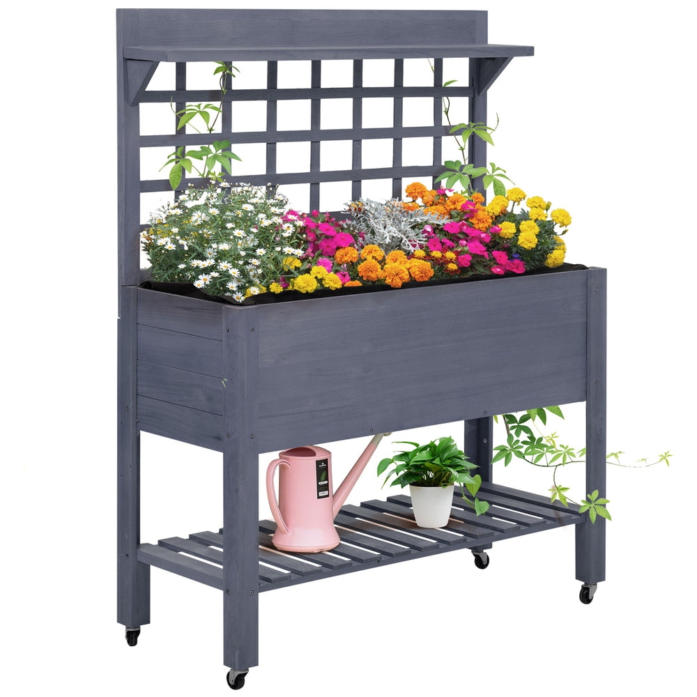 Outsunny 41' Raised Garden Bed with Trellis on Wheels, Wooden Elevated Planter Box with Legs and Bed Liner, for Flowers, Herbs & Vegetables, Gray Media 1