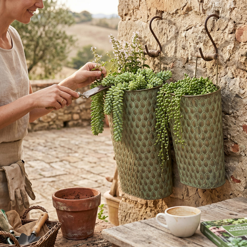 S/2 Textured Green Iron Hanging Planters with Arched Handles Media 6